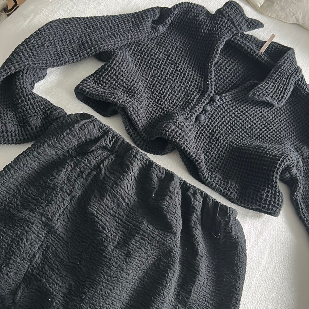 Free People Black Textured Knit Skirt Set